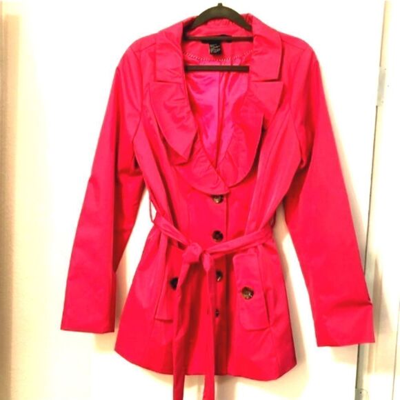 Sandro Studios Lined Hot Pink Trench Coat w/ Ruffled V-Line Collar Sz M. - Picture 1 of 13